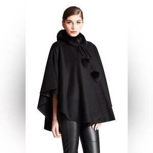 Belle Fare Gera Cashmere Black Fox Fur Trim Cape Poncho